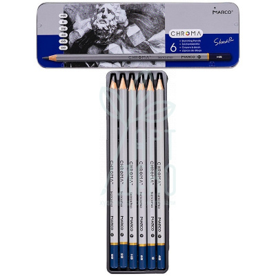 Набір олівців графітних Chroma, HB-8B, в металевій коробці, 6 шт, Marco