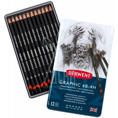 Набір олівців графітних Graphic Designer Medium, 6В-4Н, в металевій коробці, 12 шт, DERWENT