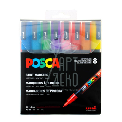Набір маркерів акрилових Posca Glitter Color, 0,9-1,3 мм, 8 шт, Uni Набір маркерів акрилових Posca Glitter Color, 0,9-1,3 мм, 8 шт, Uni