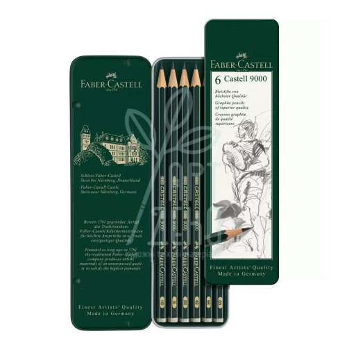 Набір олівців графітних CASTELL 9000, H-8B, 6 шт, в металевому пеналі, Faber-Castell