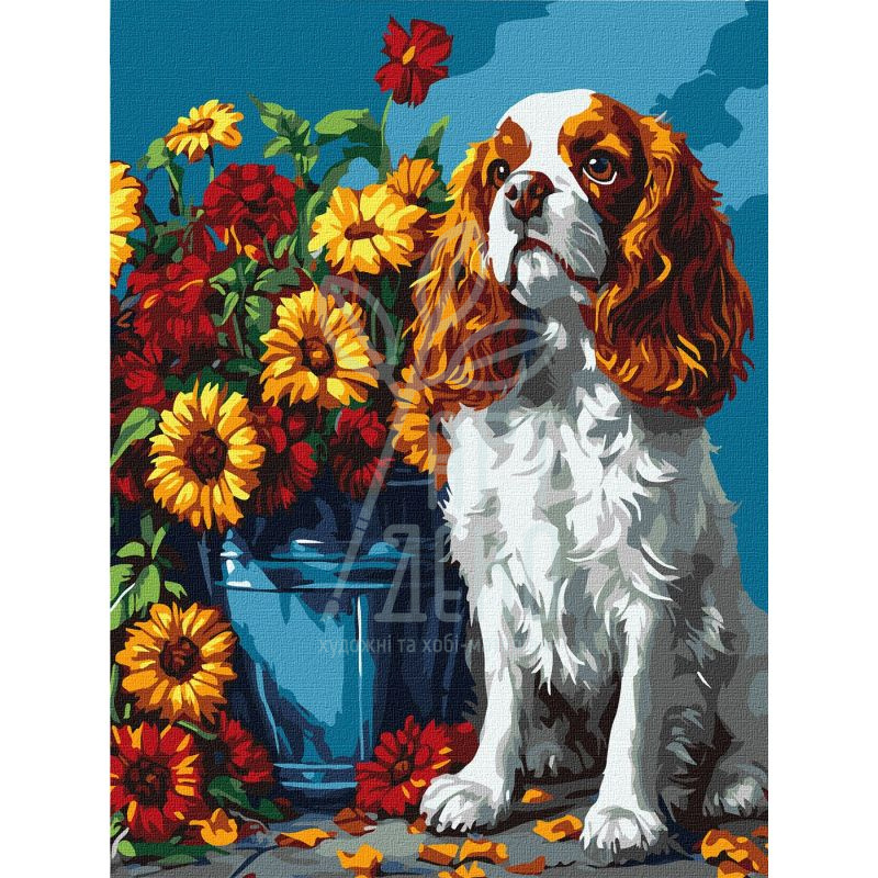 Набір для розпису за номерами "Спанієль та квіти", 30х40 см, Ідейка