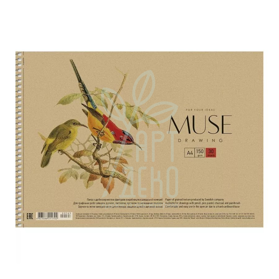 Альбом для малювання MUSE, спіраль, А4 (21х29,7 см), 150 г/м2, 30 л., Школярик