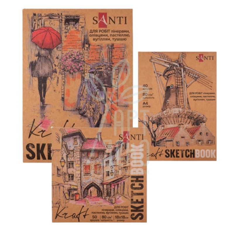 Скетчбук для графіки, крафт папір, 80 г/м2, 50 л., Santi