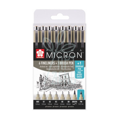 Набір лайнерів Pigma Micron 6 шт + маркер-пензель Pigma Brush + Pigma Micron PN в подарунок, Sakura Набір лайнерів Pigma Micron 6 шт + маркер-пензель Pigma Brush + Pigma Micron PN в подарунок, Sakura