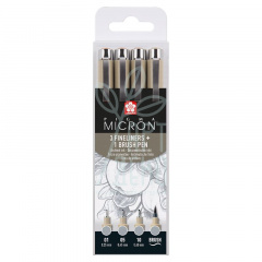 Набір лайнерів Pigma Micron, 4 шт, (0.1/0.5/10) + пензель Pigma Brush, сірі, Sakura