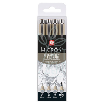 Набір лайнерів Pigma Micron, 4 шт, (0.1/0.5/10) + пензель Pigma Brush, сірі, Sakura