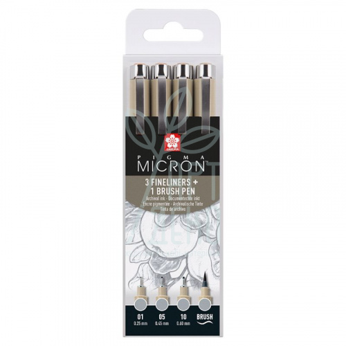 Набір лайнерів Pigma Micron, 4 шт, (0.1/0.5/10) + пензель Pigma Brush, сірі, Sakura