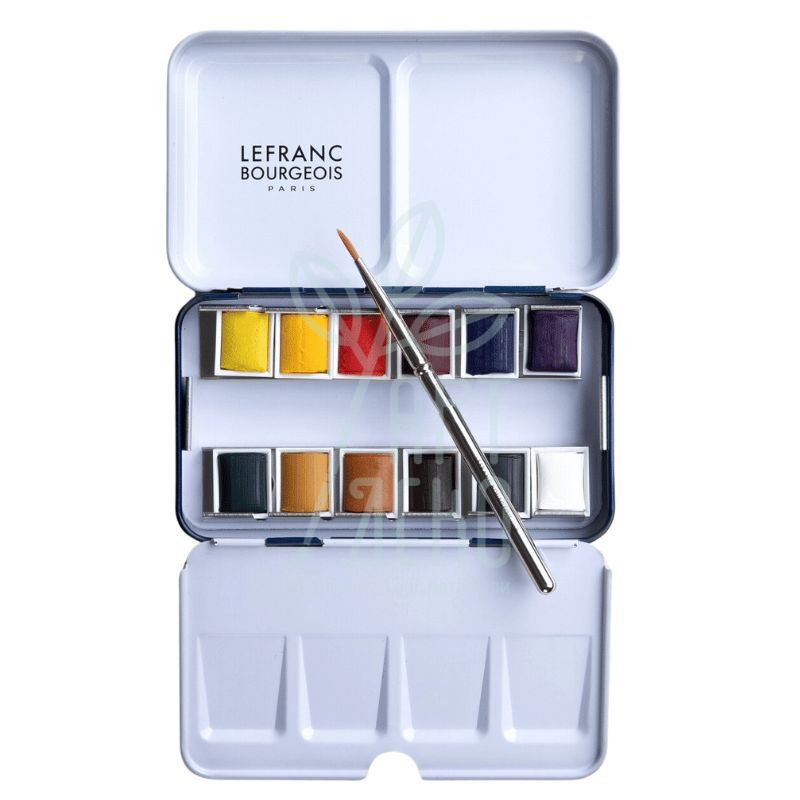 Набір акварельних фарб Fine Watercolour Bourgeois, в металевому пеналі, напівкувети, 12 шт., Lefranc