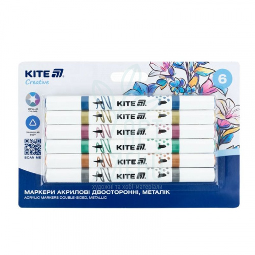 Набір маркерів акрилових двосторонніх Creative Metallic, 6 шт, Kite 