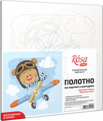 Полотно на картоні з контуром "Ведмежа пілот", 20х20 см, бавовна, акрил, ROSA START
