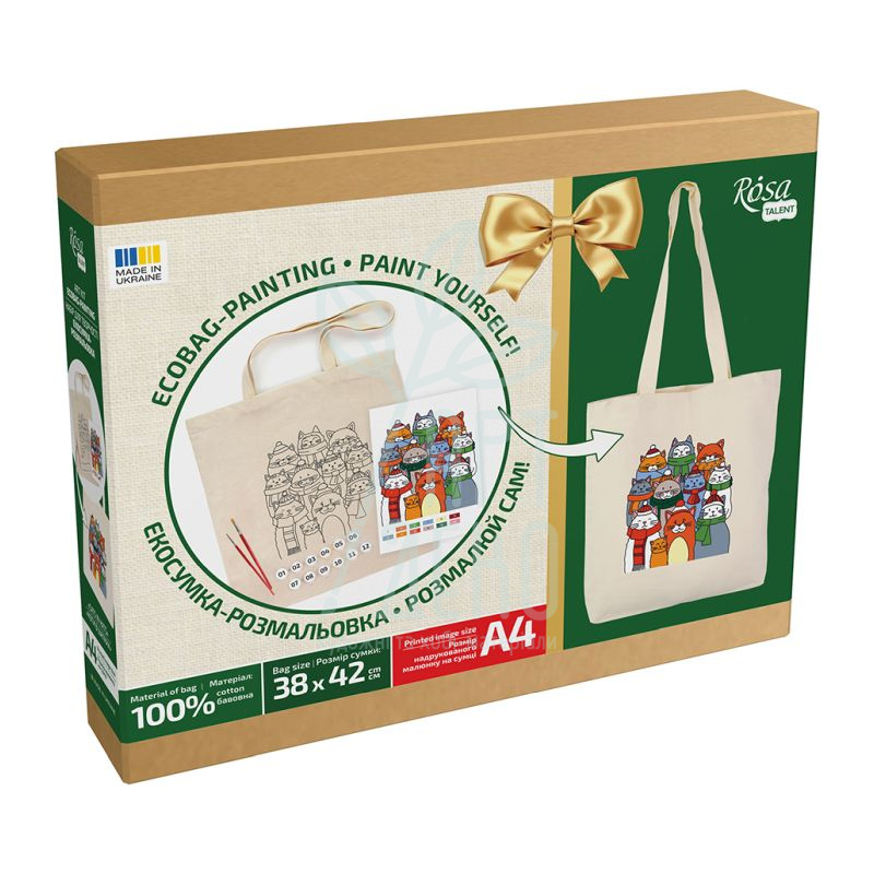 Набір екосумка-розмальовка "Коти в шапках", бавовна, 38х42 см, ROSA Talent