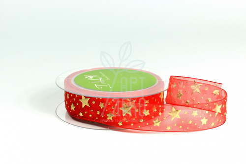 Стрічка органза з принтом "Зірочки", червона, 25 мм
