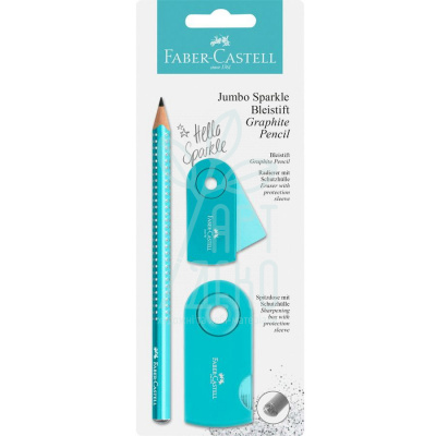 Набір олівець графітний Jumbo Sparcle Pearl, бірюзовий, гумка, точилка, Faber-Castell
