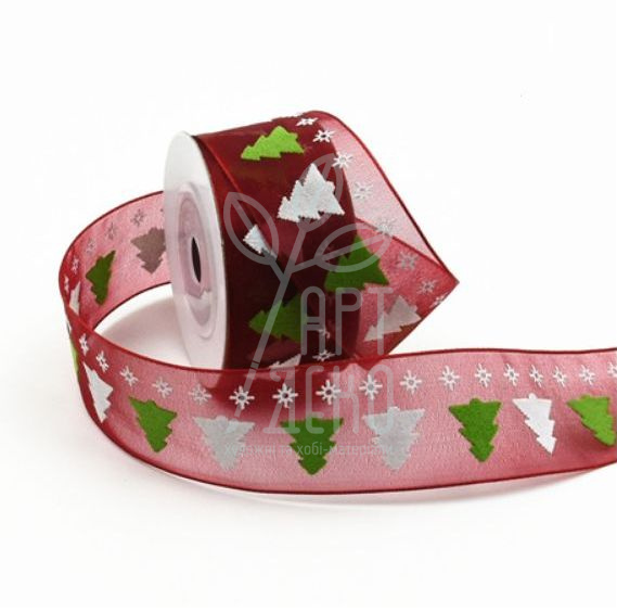Стрічка органза з принтом "Ялинки", червона, 25 мм