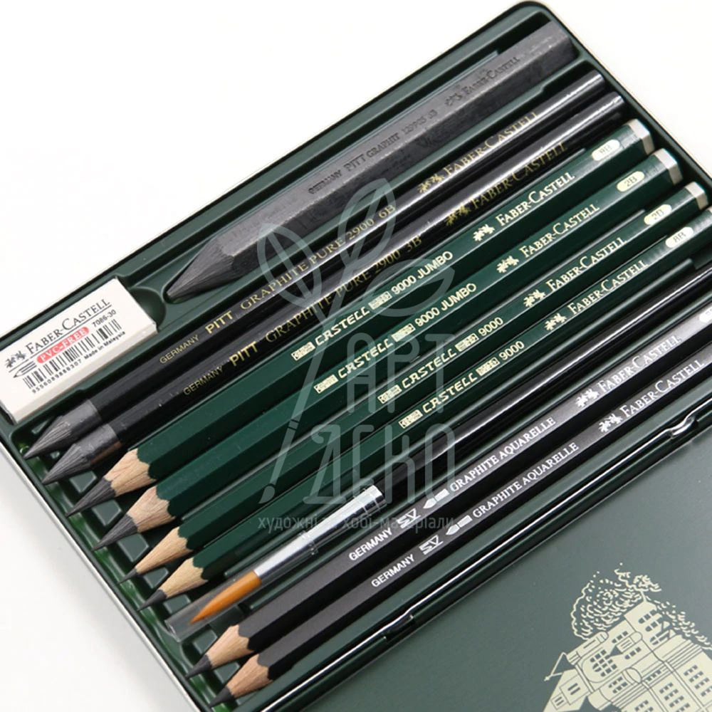 Набір олівців для рисунку PITT Monochrome Graphite, в металевій коробці, 11 предметів, Faber-Castell