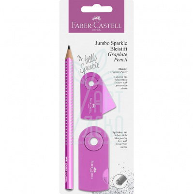 Набір олівець графітний Jumbo Sparcle Pearl, рожевий, гумка, точилка, Faber-Castell