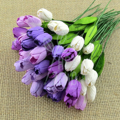 Квіти паперові Тюльпани з листочками, фіолетовий мікс, 1 см, 10 шт., Тайланд