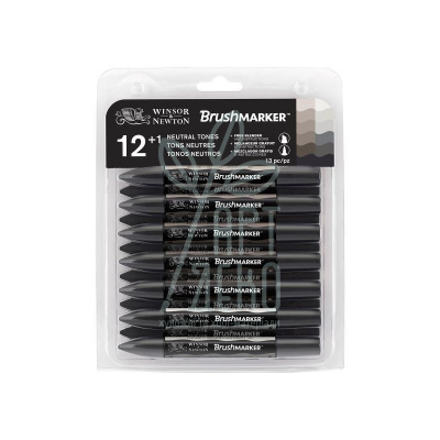 Набір маркерів перманентних двосторонніх Brushmarker, Нейтральні відтінки, 12 шт. + блендер, W&N Набір маркерів перманентних двосторонніх Brushmarker, Нейтральні відтінки, 12 шт. + блендер, W&N