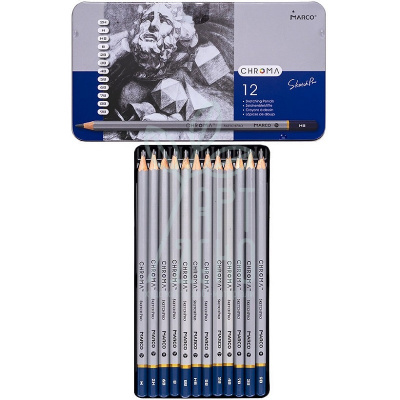 Набір олівців графітних Chroma, 2H-9B, 12 шт., в металевій коробці, Marco