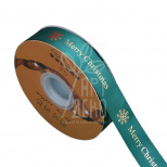 Стрічка атласна з принтом "Marry Christmas", Сніжинка, зелена, 2,5 см, Китай