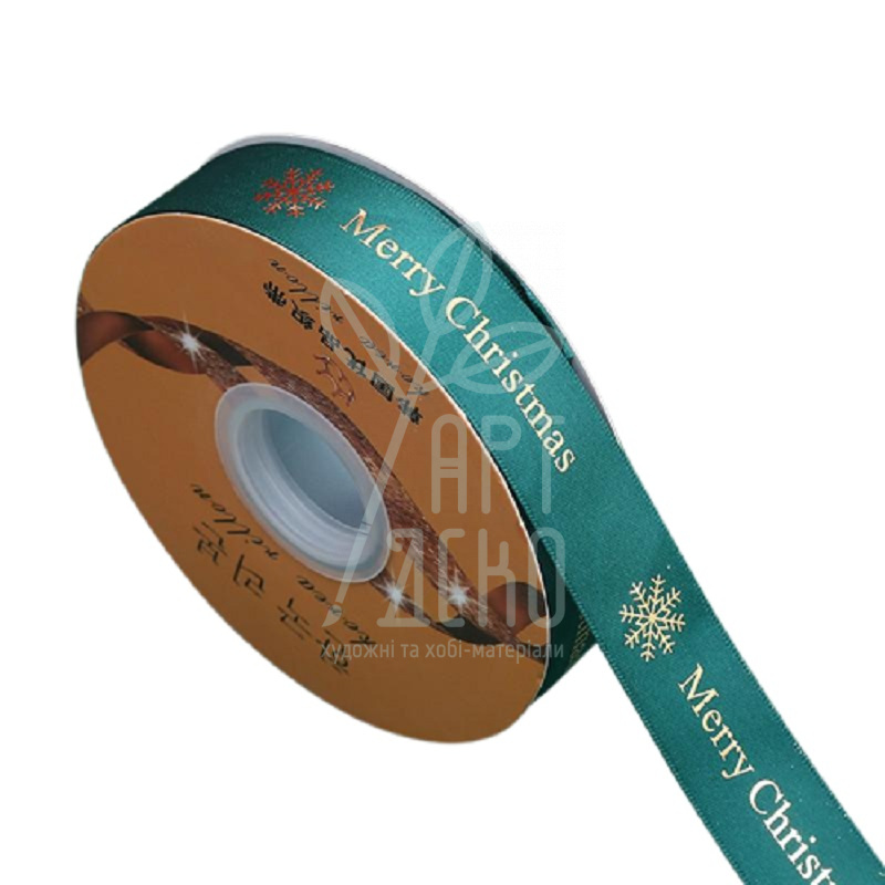 Стрічка атласна з принтом "Marry Christmas", Сніжинка, зелена, 2,5 см, Китай