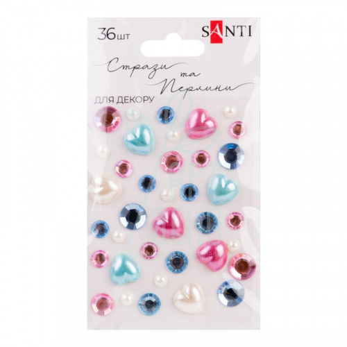 Набір страз самоклеючих "Heart mix", рожеві/блакитні, 36 шт, Santi