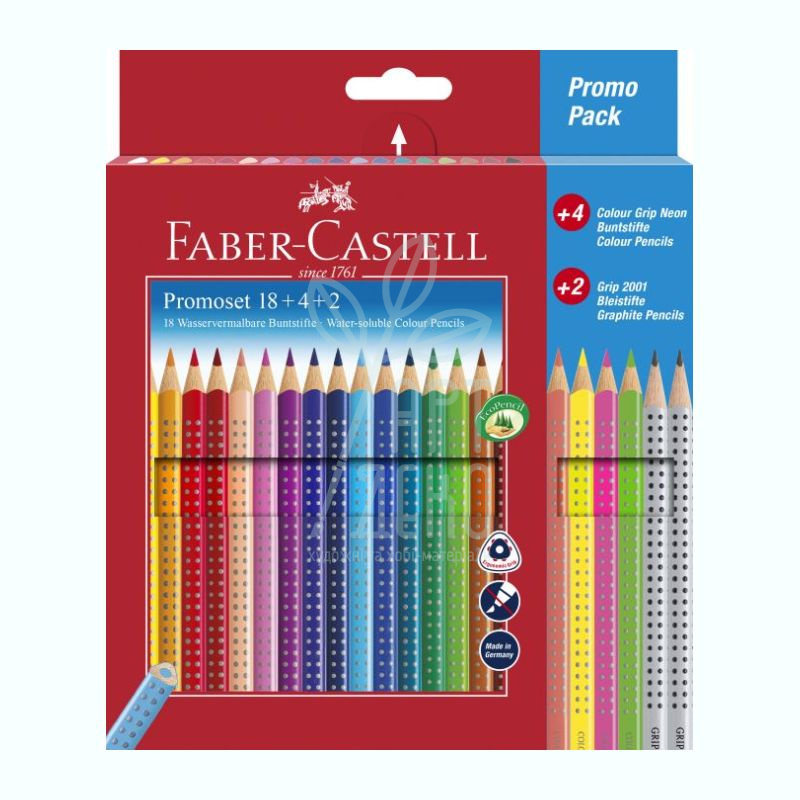 Набір олівців акварельних Promoset Grip, 18+4 Neon+2 чорнографітних, Faber-Castell 