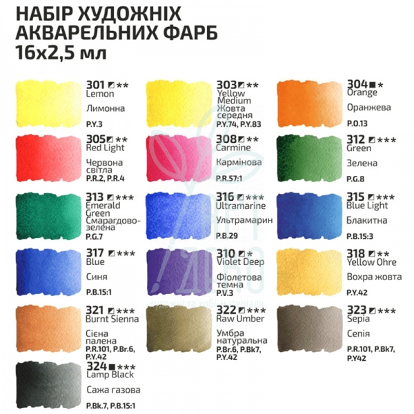 Набір акварельних фарб Studio, кювети, 16х2,5 мл, ROSA