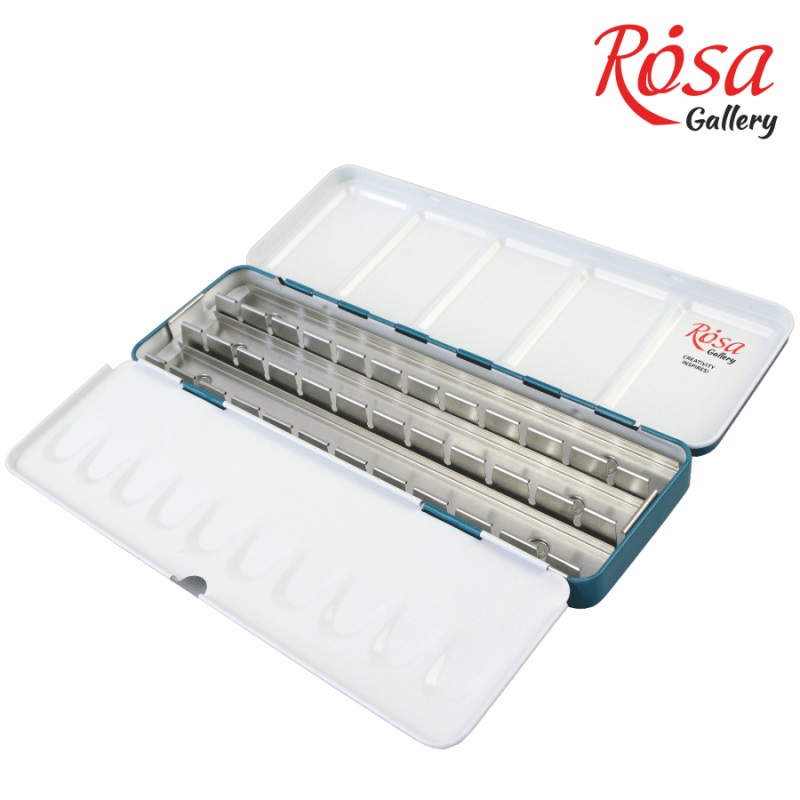 Пенал для акварельних фарб, металевий Бірюза, 21 кювета, ROSA Gallery