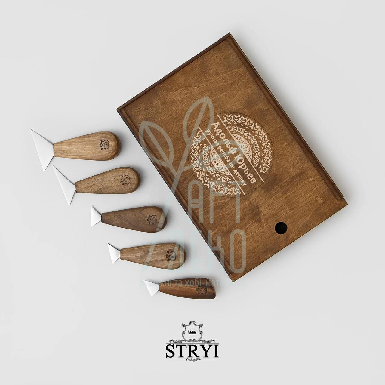 Набір ножів (прапорців) для різьблення по дереву, в пеналі, 5 шт., Україна