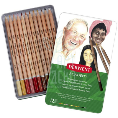Набір олівців акварельних Academy Watercolour, тілесні відтінки, в метал. коробці, 12 шт, DERWENT