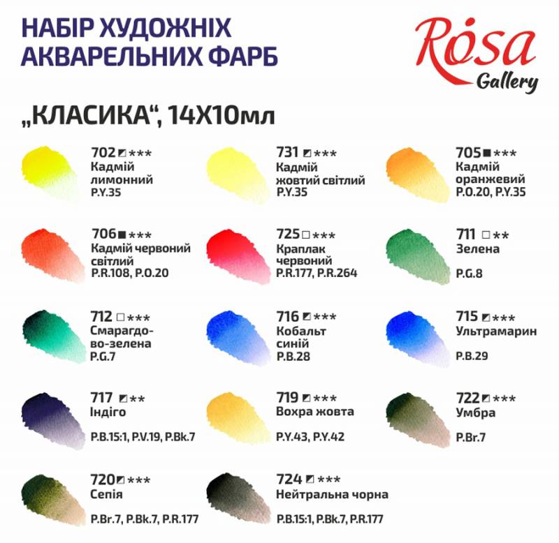 Набір акварельних фарб Gallery "Classic", в дерев'яному пеналі, 14 кол., ROSA