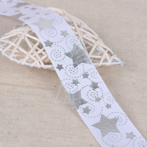 Стрічка репсова з принтом "Зірки", біла, 25 мм