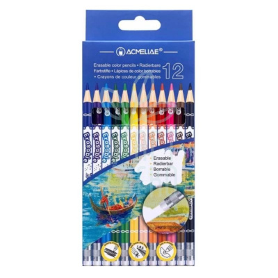 Набір олівців кольорових, з гумками, 12 шт, Acmeliae