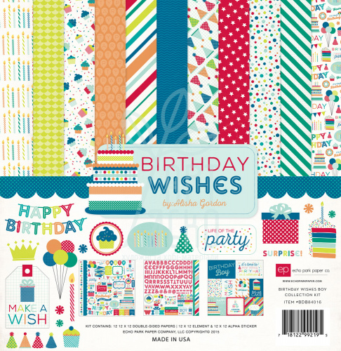 Набір паперу 30x30 см Birthday Wishes Boy Collection Kit 12 листів + наклейки + алфавіт, Echo Park