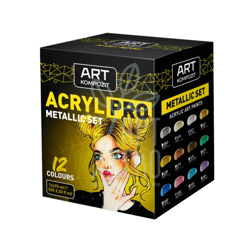 Набір акрилових фарб Acryl Pro Metallic, 12х75 мл, Art Kompozit 