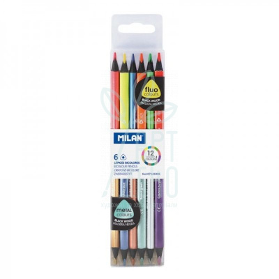 Набір олівців кольорових, двосторонні, флюоресцент+металік, 12 кол, 6 шт, Milan