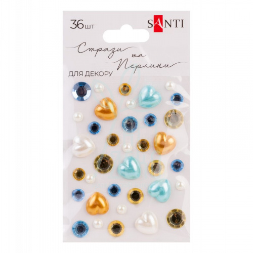Набір страз самоклеючих "Heart mix", блакитні/жовті, 36 шт, Santi