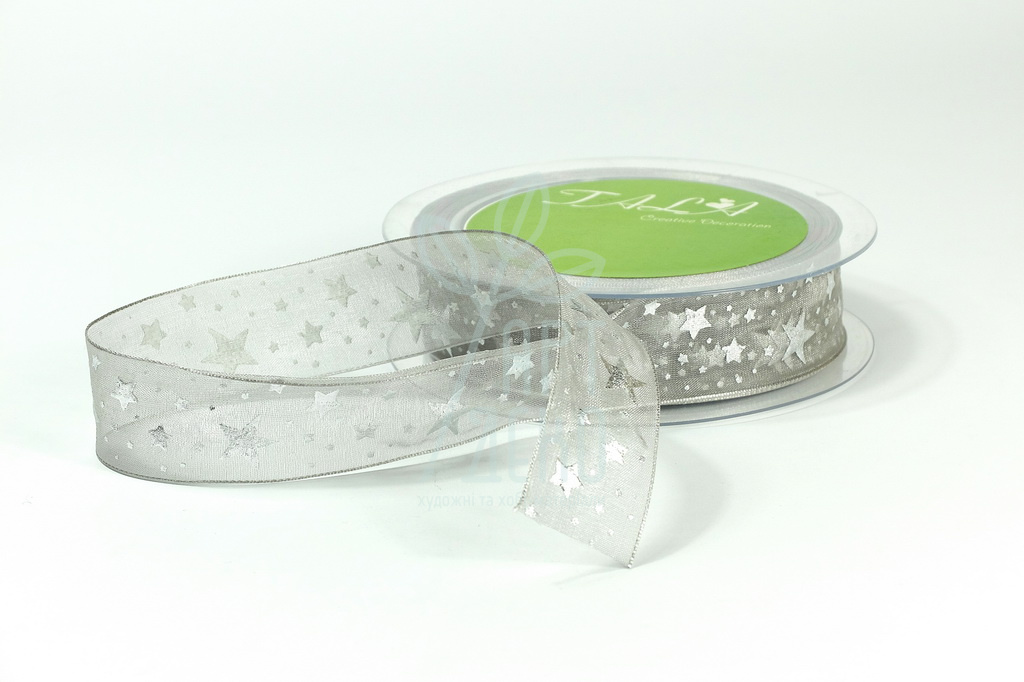 Стрічка органза з принтом "Зірочки", сіра, 25 мм