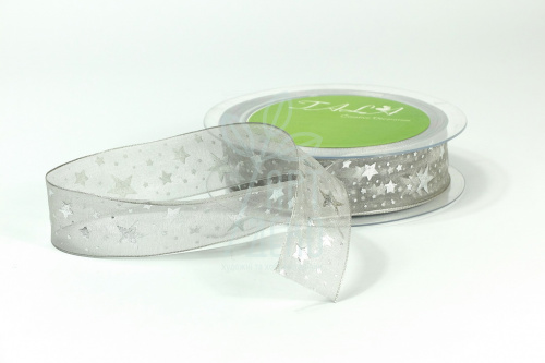 Стрічка органза з принтом "Зірочки", сіра, 25 мм