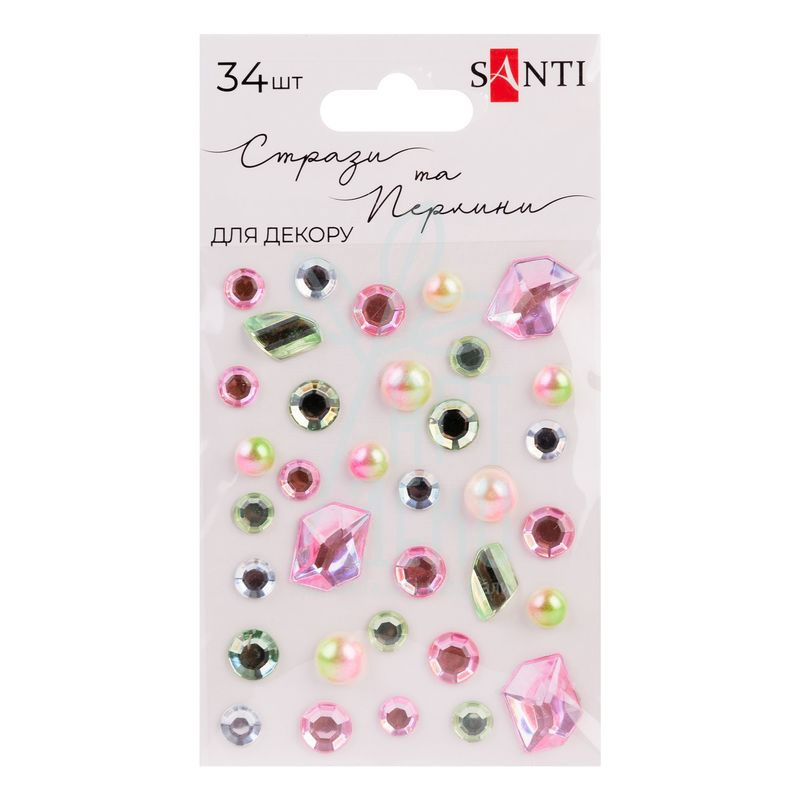 Набір страз та перлин самоклеючих Mix, рожеві/салатові, 34 шт, Santi