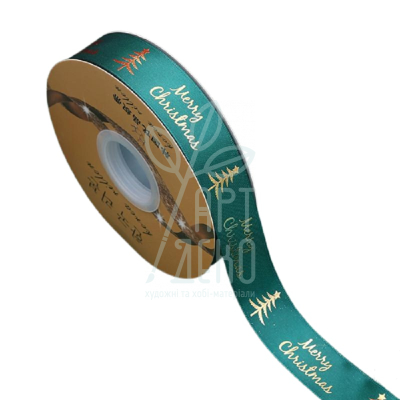 Стрічка атласна з принтом "Marry Christmas", Ялинка, зелена, 2,5 см, Китай