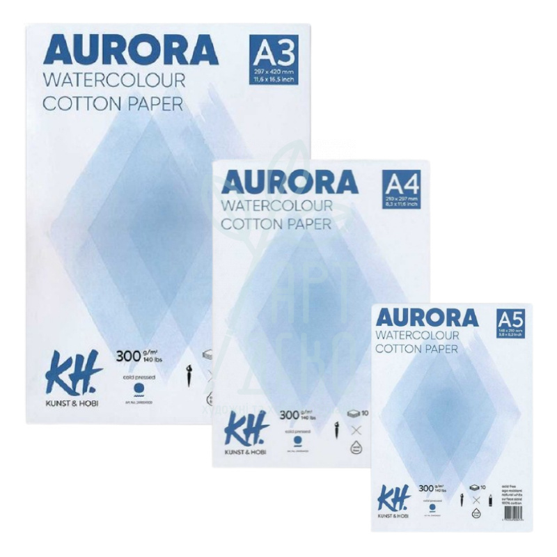 Склейка для акварелі Aurora Watercolour Cold Press, 100% бавовна, 300 г/м2, 10 л., KUNST & HOBI
