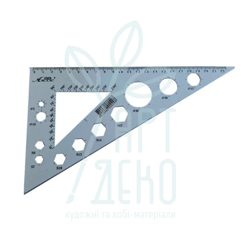 Трикутник пластиковий 60°/220 мм, з шовкографією + транспортир і геометричні фігури, Україна