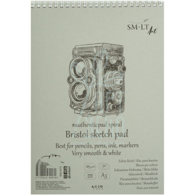 Альбом для ескізів AUTHENTIC Bristol, спіраль, 185 г/м2, 50 л., SMILTAINIS Альбом для ескізів AUTHENTIC Bristol, спіраль, 185 г/м2, 50 л., SMILTAINIS