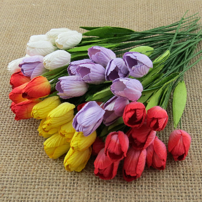 Квіти паперові Тюльпан з листочками, асорті, 1,2 см, 10 шт., Тайланд