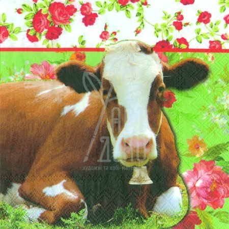 Серветка для декупажу "Корова з трояндами", 33х33 см, Німеччина
