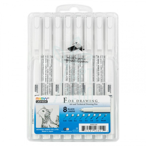 Набір мультилайнерів Drawing Pen, Чорні, (0,03-1 мм), 8 шт, Marvy