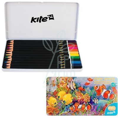 Набір олівців кольорових "Морський світ", тригранні, в металевому пеналі, 12 шт, Kite