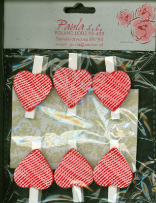 Набір прищіпок декоративних, дерев'яних, з червоним сердечком, 35 мм, 6 шт. Paula